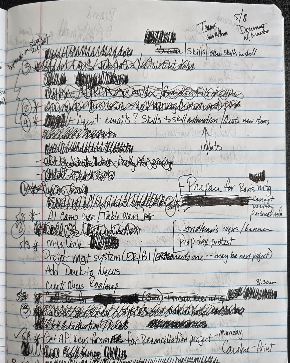 A page from the founder's paper notebook: a handwritten to-do list, most of it crossed out and rewritten.